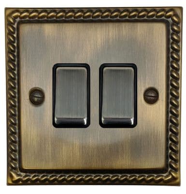 G&H MAB302 Monarch Roped Antique Brass 2 Gang 1 or 2 Way Rocker Light Switch