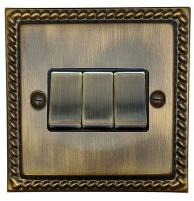 G&H MAB303 Monarch Roped Antique Brass 3 Gang 1 or 2 Way Rocker Light Switch