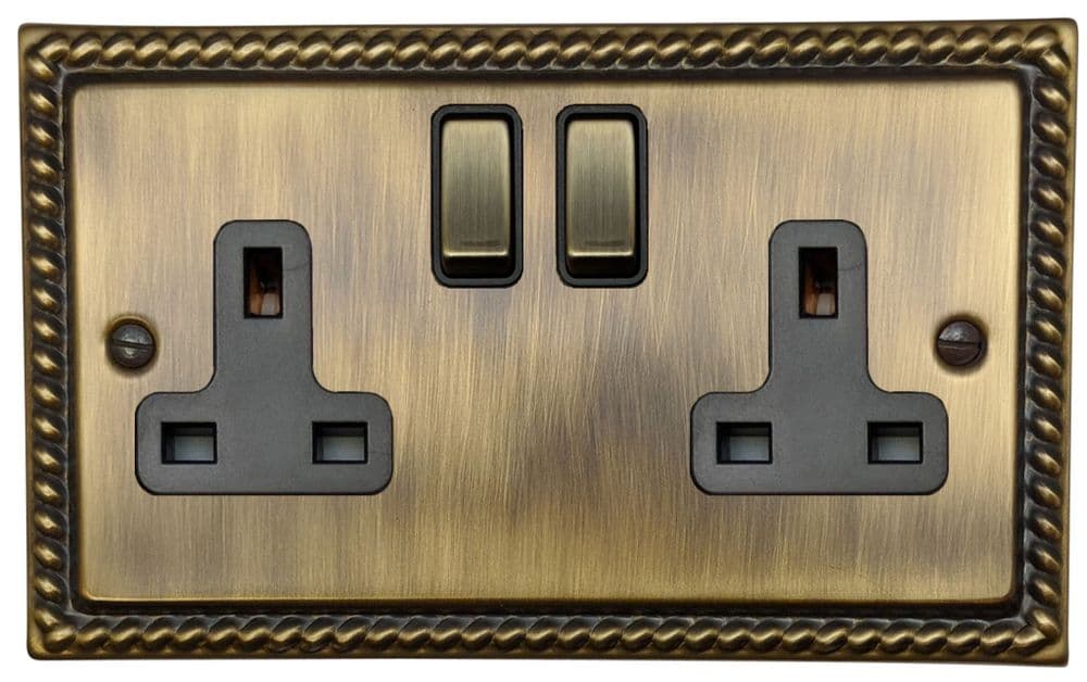 G&H MAB310 Monarch Roped Antique Brass 2 Gang Double 13A Switched Plug Socket