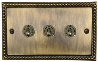 G&H MAB383-AB Monarch Roped Antique Brass 3 Gang 1 or 2 Way Toggle Light Switch