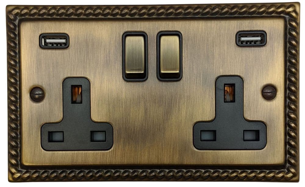 G&H MAB3910 Monarch Roped Antique Brass 2 Gang Double 13A Switched Plug Socket 2.1A USB