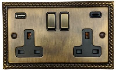 G&H MAB3911 Monarch Roped Antique Brass 2 Gang Double 13A Plug Socket 3.1A USB A + C