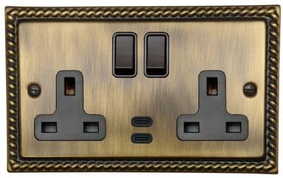 G&H MAB913B Monarch Roped Antique Brass 2 Gang Double 13A Plug Socket Dual 4.2A USB C