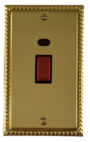G&H MB28B Monarch Roped Polished Brass 45 Amp DP Cooker Switch & Neon Vertical Plate