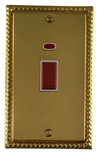 G&H MB28W Monarch Roped Polished Brass 45 Amp DP Cooker Switch & Neon Vertical Plate
