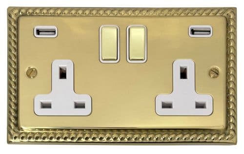 G&H MB2910 Monarch Plate Polished Brass 2 Gang Double 13A Plug Socket 2.1A USB