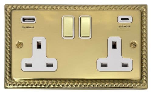 G&H MB2911 Monarch Plate Polished Brass 2 Gang Double 13A Plug Socket 3.1A USB A + C