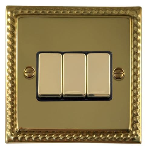 G&H MB303 Monarch Roped Polished Brass 3 Gang 1 or 2 Way Rocker Light Switch