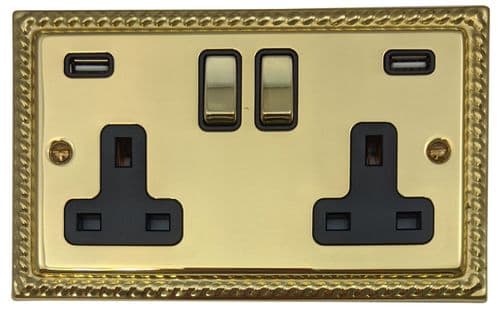 G&H MB3910 Monarch Plate Polished Brass 2 Gang Double 13A Plug Socket 2.1A USB