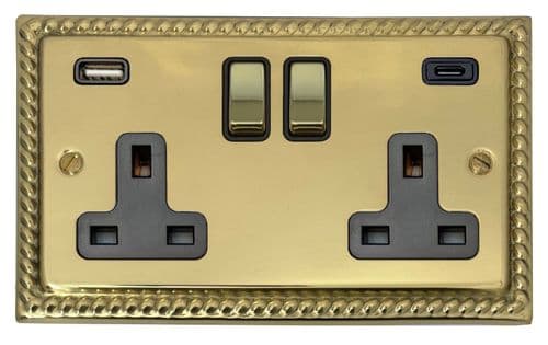 G&H MB3911 Monarch Plate Polished Brass 2 Gang Double 13A Plug Socket 3.1A USB A + C