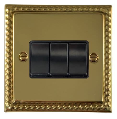G&H MB3B Monarch Roped Polished Brass 3 Gang 1 or 2 Way Rocker Light Switch
