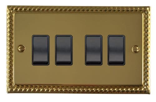 G&H MB4B Monarch Roped Polished Brass 4 Gang 1 or 2 Way Rocker Light Switch