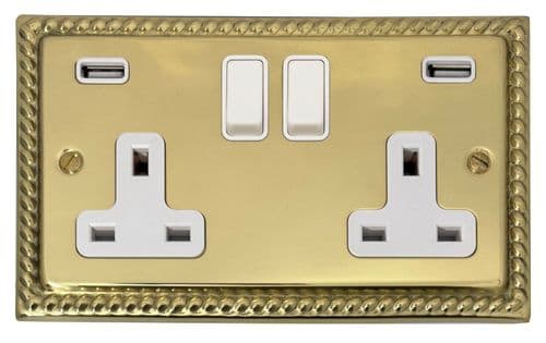 G&H MB910W Monarch Roped Polished Brass 2 Gang Double 13A Switched Plug Socket 2.1A USB