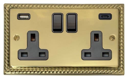 G&H MB911B Monarch Roped Polished Brass 2 Gang Double 13A Plug Socket 3.1A USB A + C