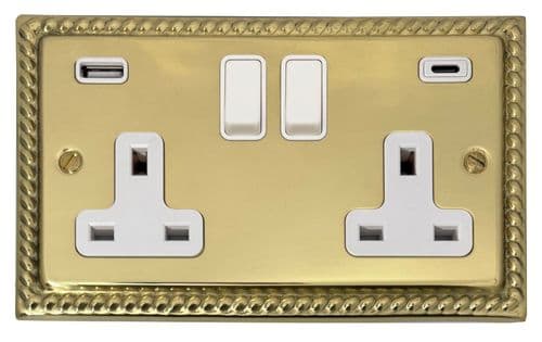 G&H MB911W Monarch Roped Polished Brass 2 Gang Double 13A Plug Socket 3.1A USB A + C