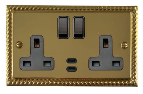 G&H MB913B Monarch Roped Polished Brass 2 Gang Double 13A Plug Socket Dual 4.2A USB C