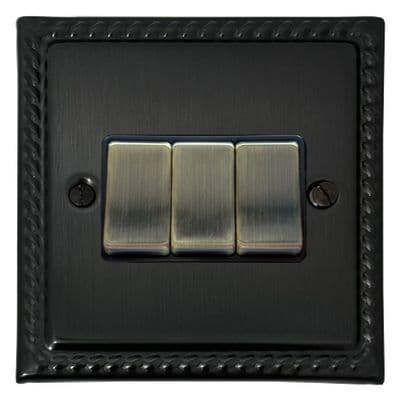 G&H MBB303-AB Monarch Roped Black Bronze 3 Gang 1 or 2 Way Rocker Light Switch