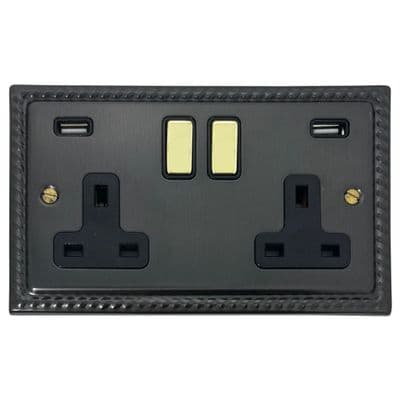 G&H MBB3910-PB Monarch Roped Black Bronze 2 Gang Double 13A Switched Plug Socket 2.1A USB