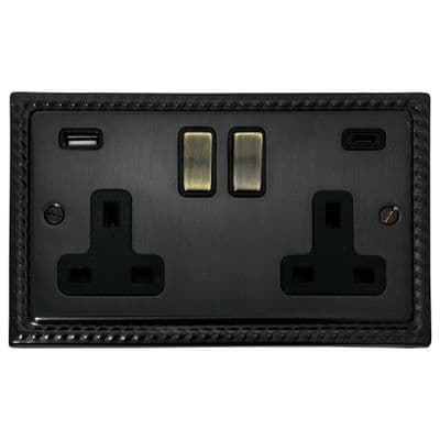 G&H MBB3911-AB Monarch Roped Black Bronze 2 Gang Double 13A Plug Socket 3.1A USB A + C