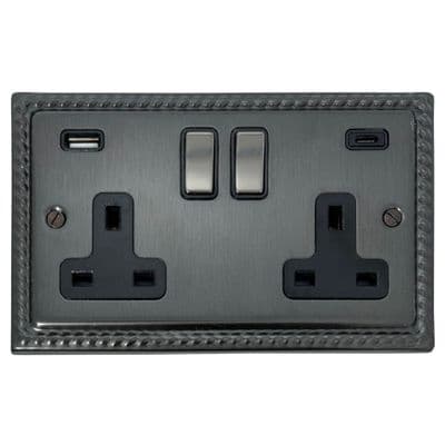 G&H MBB3911-BN Monarch Roped Black Bronze 2 Gang Double 13A Plug Socket 3.1A USB A + C