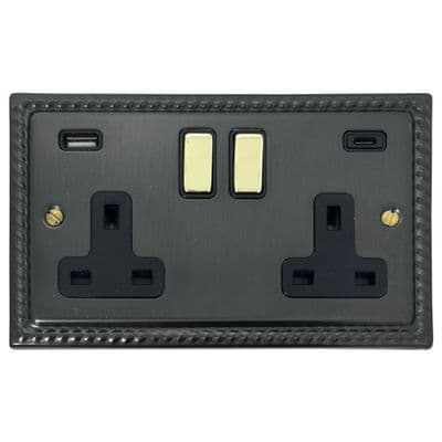 G&H MBB3911-PB Monarch Roped Black Bronze 2 Gang Double 13A Plug Socket 3.1A USB A + C