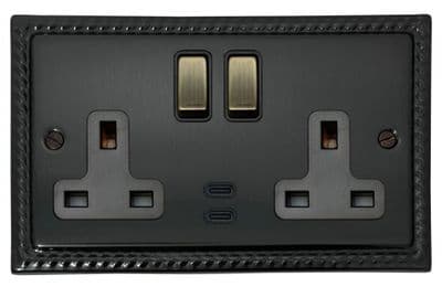 G&H MBB3913-AB Monarch Roped Black Bronze 2 Gang Double 13A Plug Socket Dual 4.2A USB C