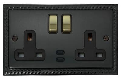G&H MBB3913-PB Monarch Roped Black Bronze 2 Gang Double 13A Plug Socket Dual 4.2A USB C
