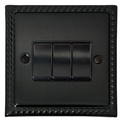 G&H MBB3B Monarch Roped Black Bronze 3 Gang 1 or 2 Way Rocker Light Switch
