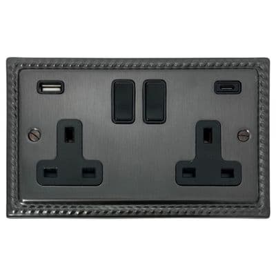 G&H MBB911B Monarch Roped Black Bronze 2 Gang Double 13A Plug Socket 3.1A USB A + C