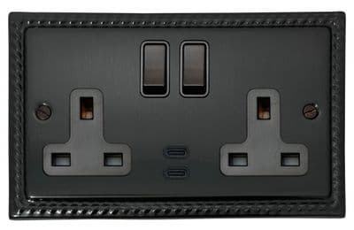 G&H MBB913B Monarch Roped Black Bronze 2 Gang Double 13A Plug Socket Dual 4.2A USB C