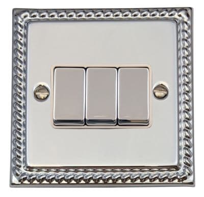G&H MC203 Monarch Roped Polished Chrome 3 Gang 1 or 2 Way Rocker Light Switch