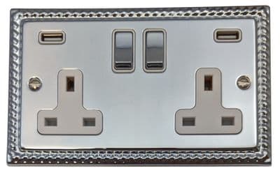 G&H MC2910 Monarch Roped Polished Chrome 2 Gang Double 13A Switched Plug Socket 2.1A USB