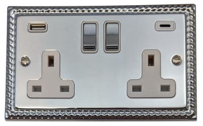 G&H MC2911 Monarch Roped Polished Chrome 2 Gang Double 13A Plug Socket 3.1A USB A + C