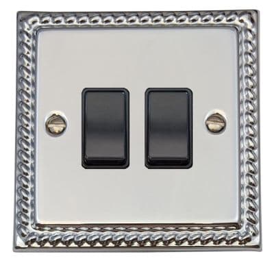 G&H MC2B Monarch Roped Polished Chrome 2 Gang 1 or 2 Way Rocker Light Switch