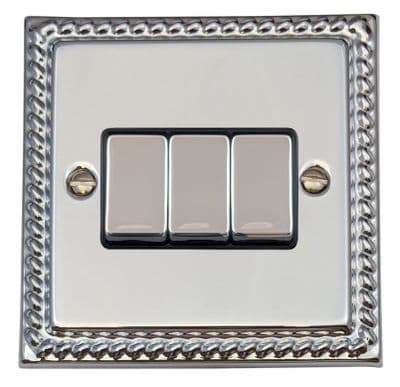 G&H MC303 Monarch Roped Polished Chrome 3 Gang 1 or 2 Way Rocker Light Switch