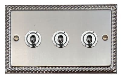 G&H MC383-PC Monarch Roped Polished Chrome 3 Gang 1 or 2 Way Toggle Light Switch