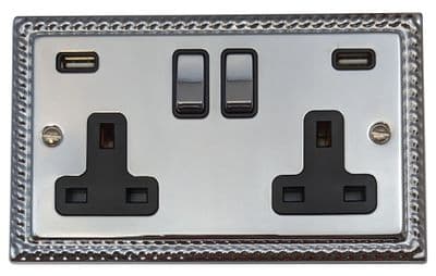 G&H MC3910 Monarch Roped Polished Chrome 2 Gang Double 13A Switched Plug Socket 2.1A USB