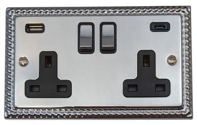G&H MC3911 Monarch Roped Polished Chrome 2 Gang Double 13A Plug Socket 3.1A USB A + C