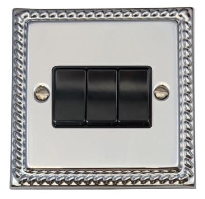 G&H MC3B Monarch Roped Polished Chrome 3 Gang 1 or 2 Way Rocker Light Switch