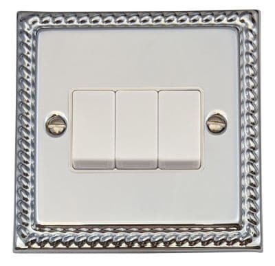 G&H MC3W Monarch Roped Polished Chrome 3 Gang 1 or 2 Way Rocker Light Switch