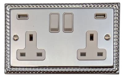 G&H MC910W Monarch Roped Polished Chrome 2 Gang Double 13A Switched Plug Socket 2.1A USB
