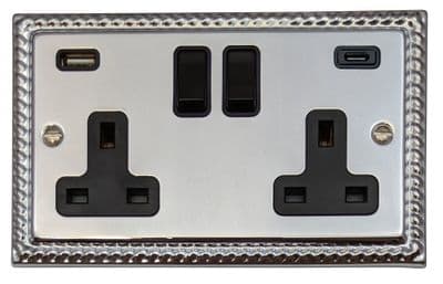G&H MC911B Monarch Roped Polished Chrome 2 Gang Double 13A Plug Socket 3.1A USB A + C