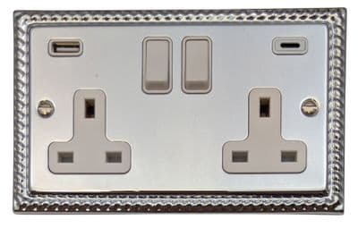 G&H MC911W Monarch Roped Polished Chrome 2 Gang Double 13A Plug Socket 3.1A USB A + C