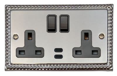 G&H MC913B Monarch Roped Polished Chrome 2 Gang Double 13A Plug Socket Dual 4.2A USB C