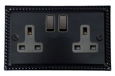 G&H MFB10B Monarch Roped Matt Black 2 Gang Double 13A Switched Plug Socket