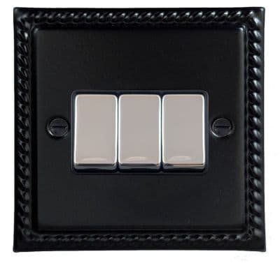 G&H MFB303-PC Monarch Roped Matt Black 3 Gang 1 or 2 Way Rocker Light Switch
