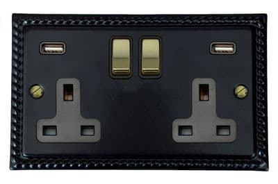 G&H MFB3910-PB Monarch Roped Matt Black 2 Gang Double 13A Switched Plug Socket 2.1A USB