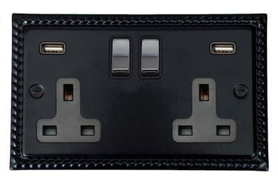G&H MFB3910-PC Monarch Roped Matt Black 2 Gang Double 13A Switched Plug Socket 2.1A USB