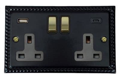 G&H MFB3911-PB Monarch Roped Matt Black 2 Gang Double 13A Plug Socket 3.1A USB A + C