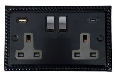 G&H MFB3911-PC Monarch Roped Matt Black 2 Gang Double 13A Plug Socket 3.1A USB A + C